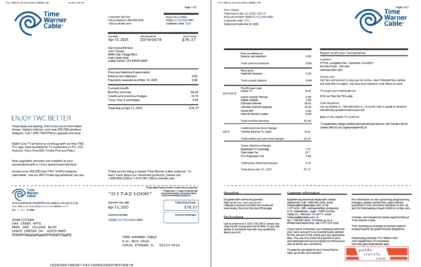 USA Time Warner Cable utility bill template in Word and PDF formats, 2 pages